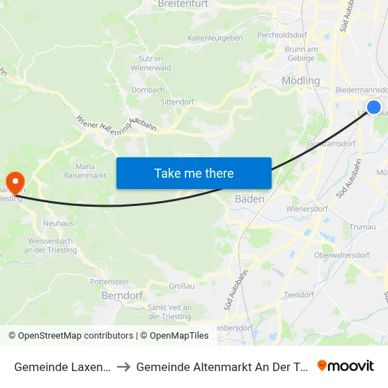 Gemeinde Laxenburg to Gemeinde Altenmarkt An Der Triesting map