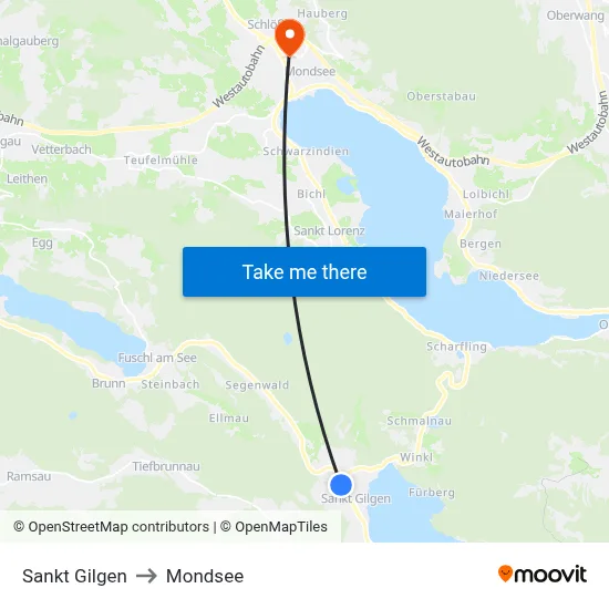 Sankt Gilgen to Mondsee map