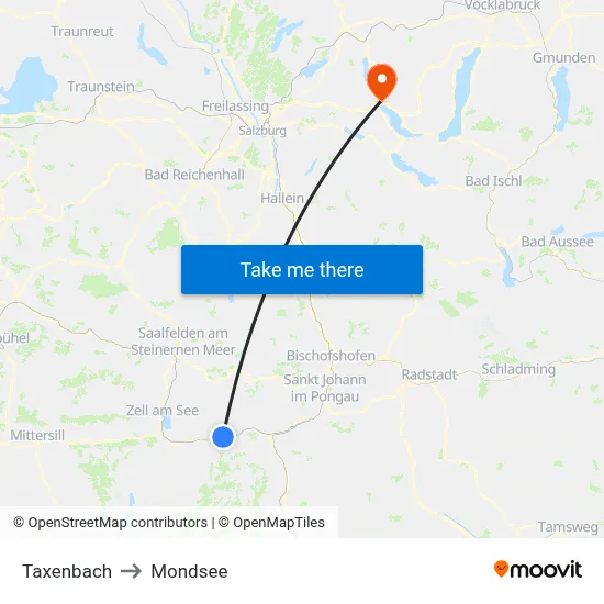 Taxenbach to Mondsee map