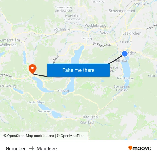 Gmunden to Mondsee map