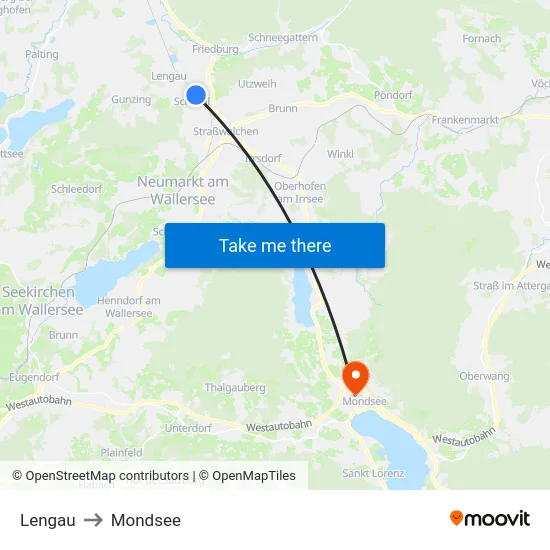 Lengau to Mondsee map