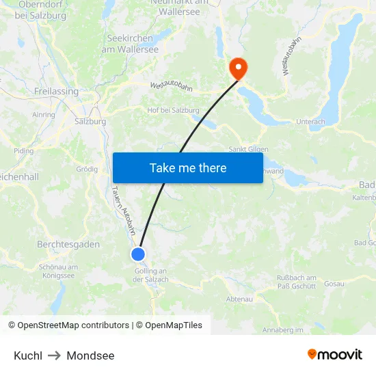 Kuchl to Mondsee map