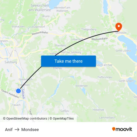 Anif to Mondsee map