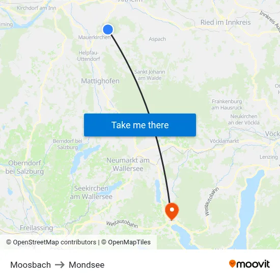Moosbach to Mondsee map