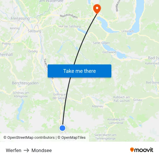 Werfen to Mondsee map