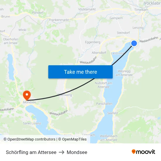 Schörfling am Attersee to Mondsee map