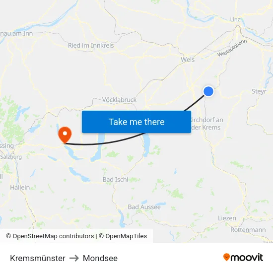 Kremsmünster to Mondsee map