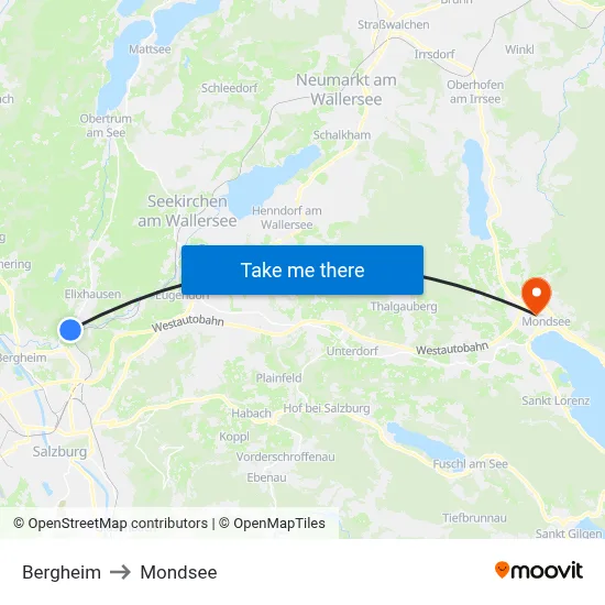 Bergheim to Mondsee map