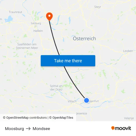 Moosburg to Mondsee map