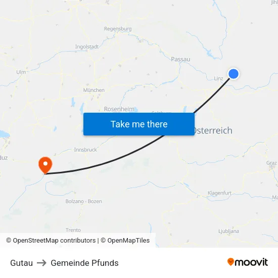 Gutau to Gemeinde Pfunds map