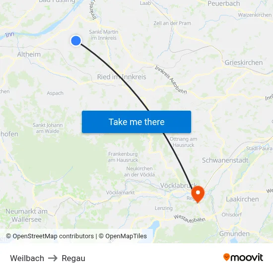 Weilbach to Regau map