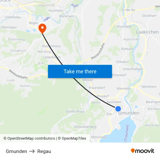 Gmunden to Regau map