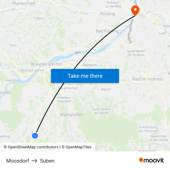 Moosdorf to Suben map
