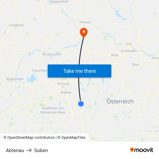 Abtenau to Suben map