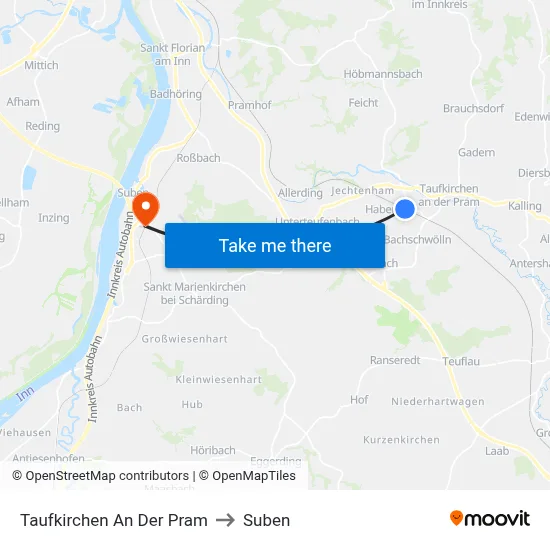 Taufkirchen An Der Pram to Suben map