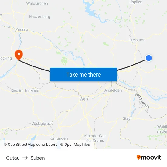 Gutau to Suben map