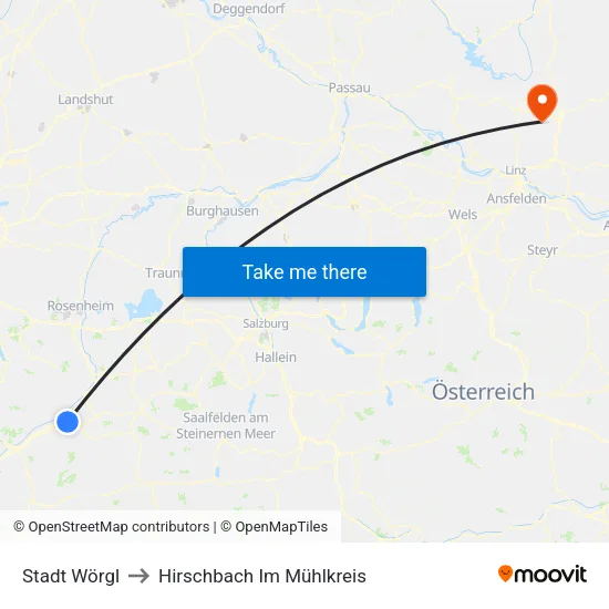 Stadt Wörgl to Hirschbach Im Mühlkreis map