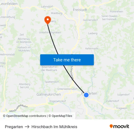 Pregarten to Hirschbach Im Mühlkreis map