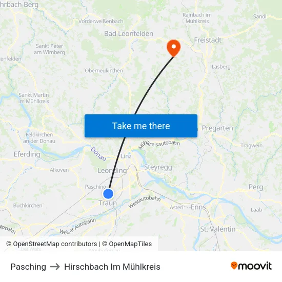 Pasching to Hirschbach Im Mühlkreis map