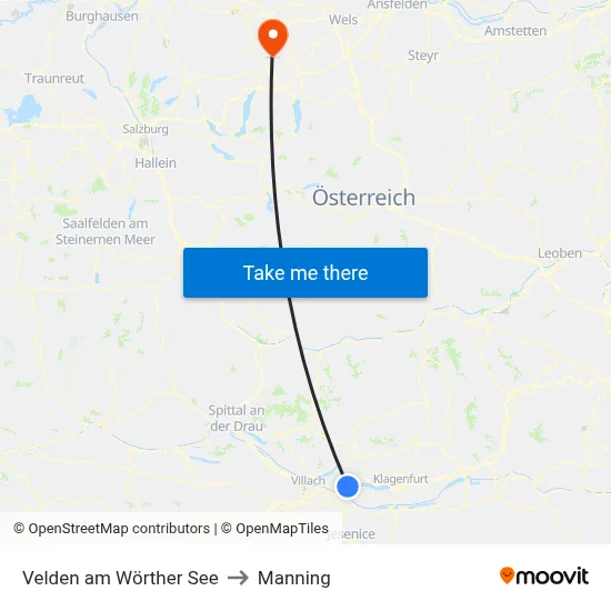 Velden am Wörther See to Manning map