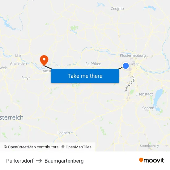 Purkersdorf to Baumgartenberg map