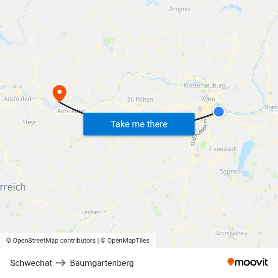 Schwechat to Baumgartenberg map