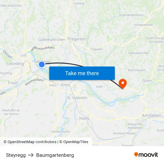 Steyregg to Baumgartenberg map