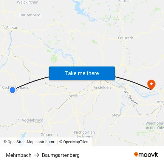 Mehrnbach to Baumgartenberg map