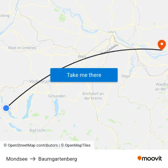 Mondsee to Baumgartenberg map