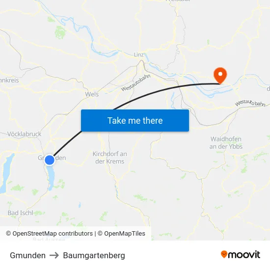 Gmunden to Baumgartenberg map