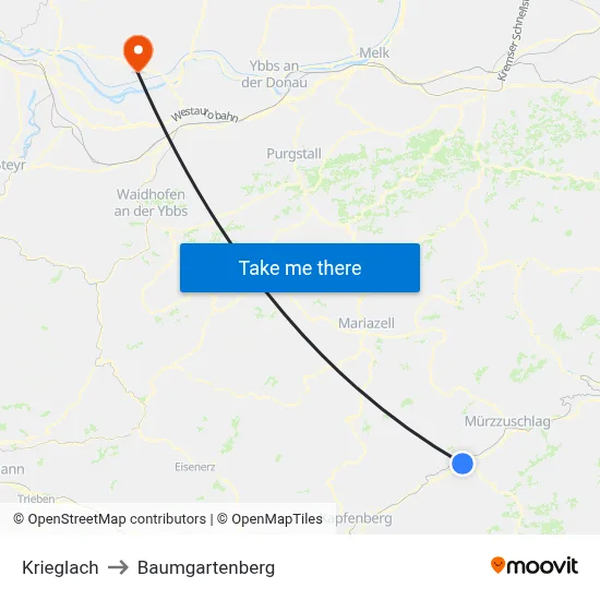 Krieglach to Baumgartenberg map