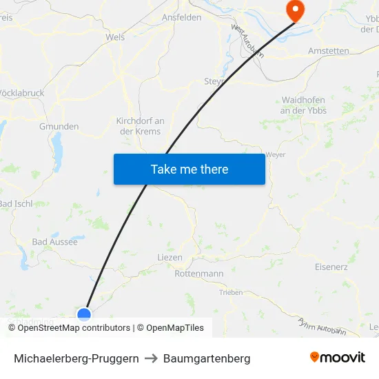 Michaelerberg-Pruggern to Baumgartenberg map