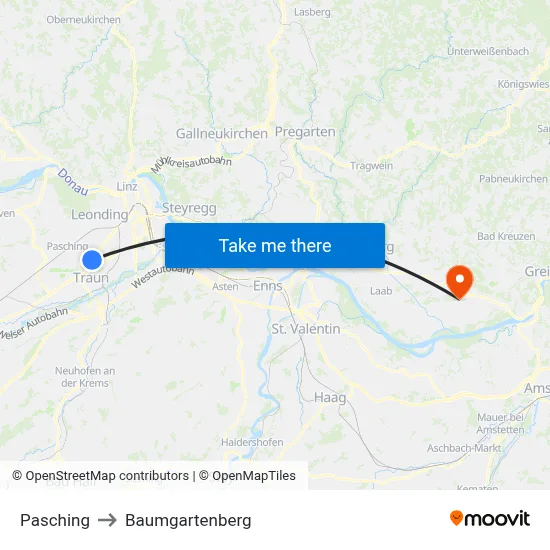 Pasching to Baumgartenberg map
