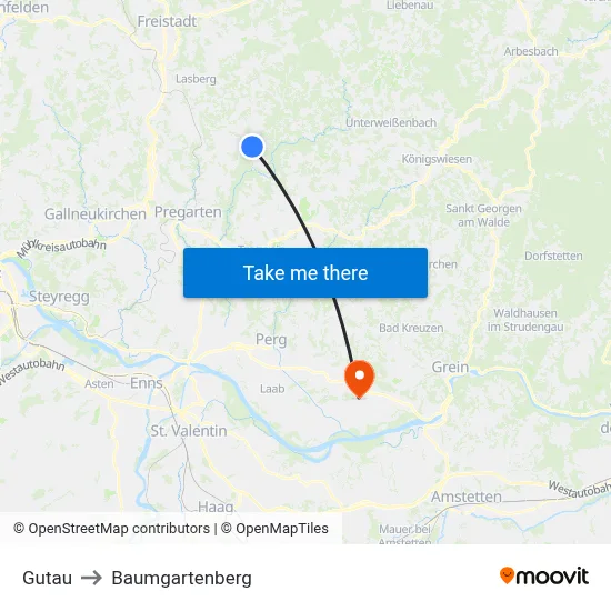 Gutau to Baumgartenberg map