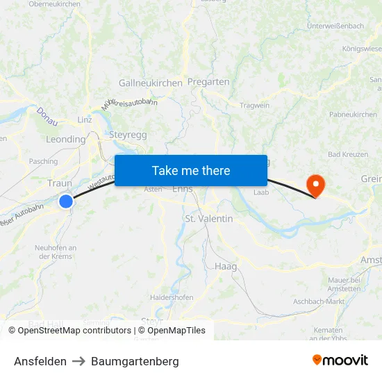 Ansfelden to Baumgartenberg map