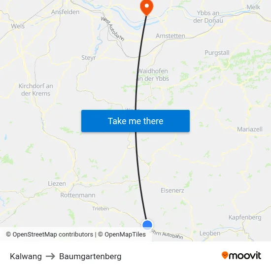 Kalwang to Baumgartenberg map