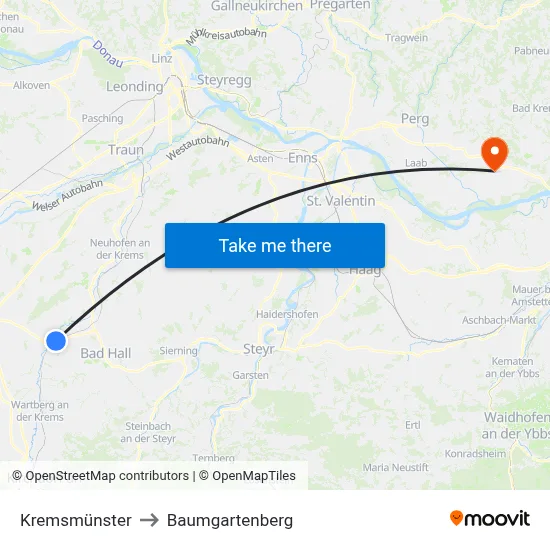 Kremsmünster to Baumgartenberg map