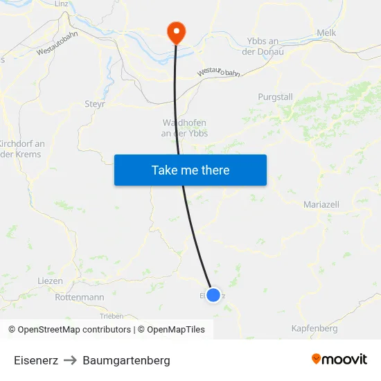 Eisenerz to Baumgartenberg map