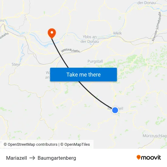 Mariazell to Baumgartenberg map