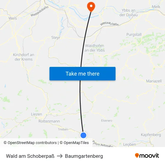 Wald am Schoberpaß to Baumgartenberg map