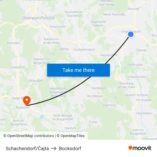 Schachendorf/Čajta to Bocksdorf map