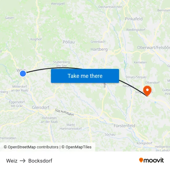Weiz to Bocksdorf map