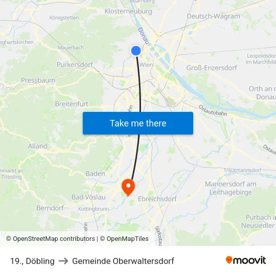 19., Döbling to Gemeinde Oberwaltersdorf map