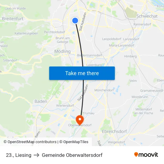 23., Liesing to Gemeinde Oberwaltersdorf map