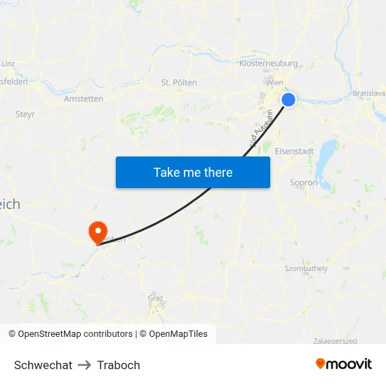 Schwechat to Traboch map