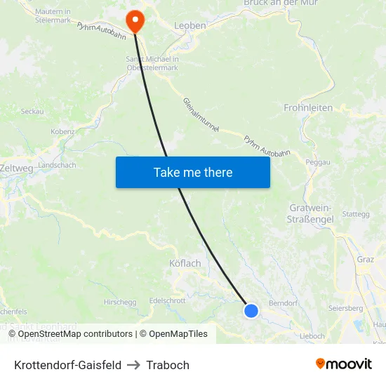 Krottendorf-Gaisfeld to Traboch map