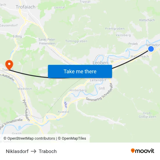 Niklasdorf to Traboch map
