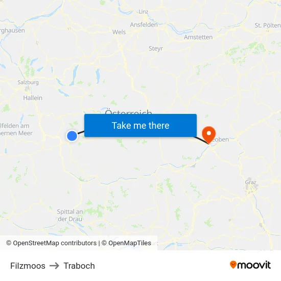 Filzmoos to Traboch map