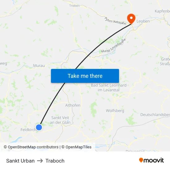 Sankt Urban to Traboch map