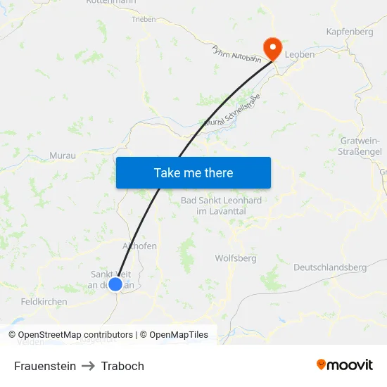 Frauenstein to Traboch map